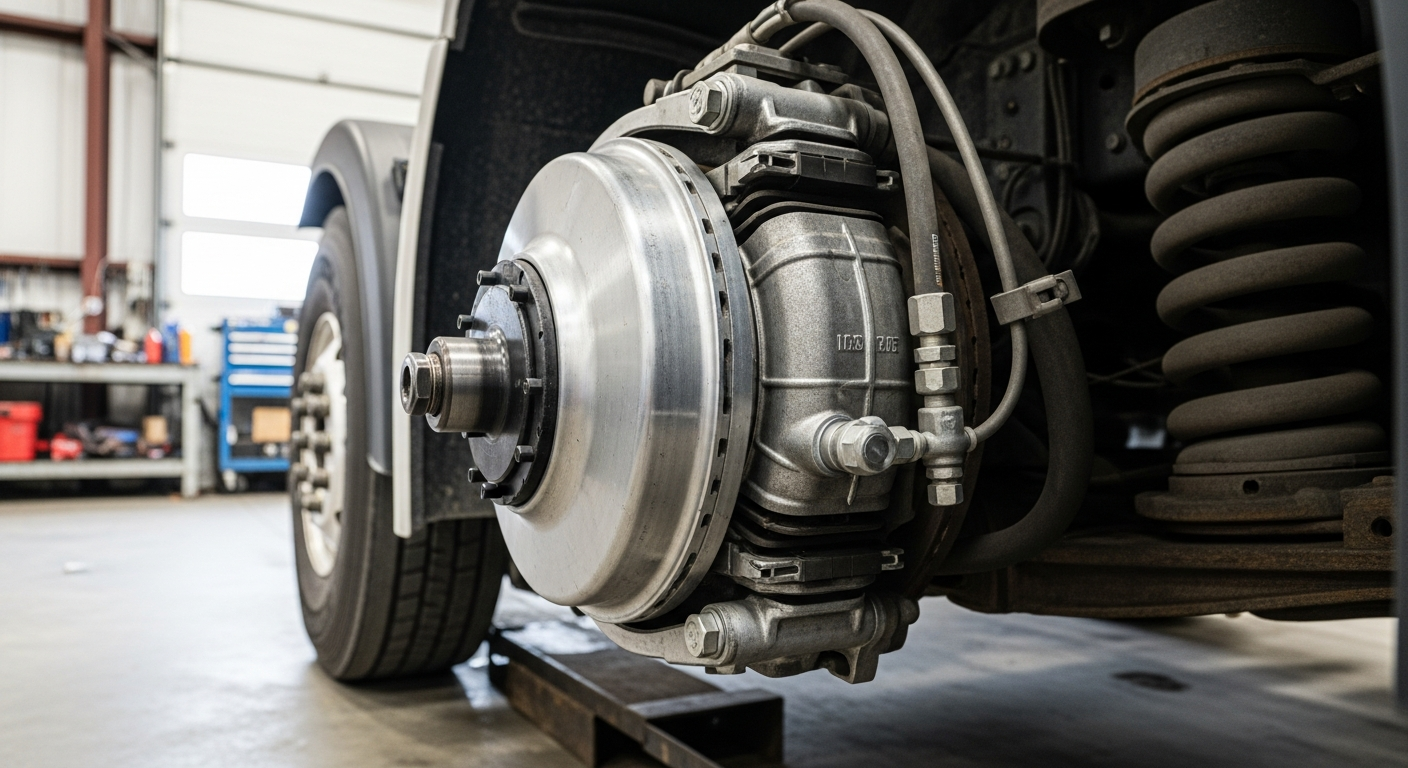 Heavy-duty truck in repair shop for DOT brake inspection readiness