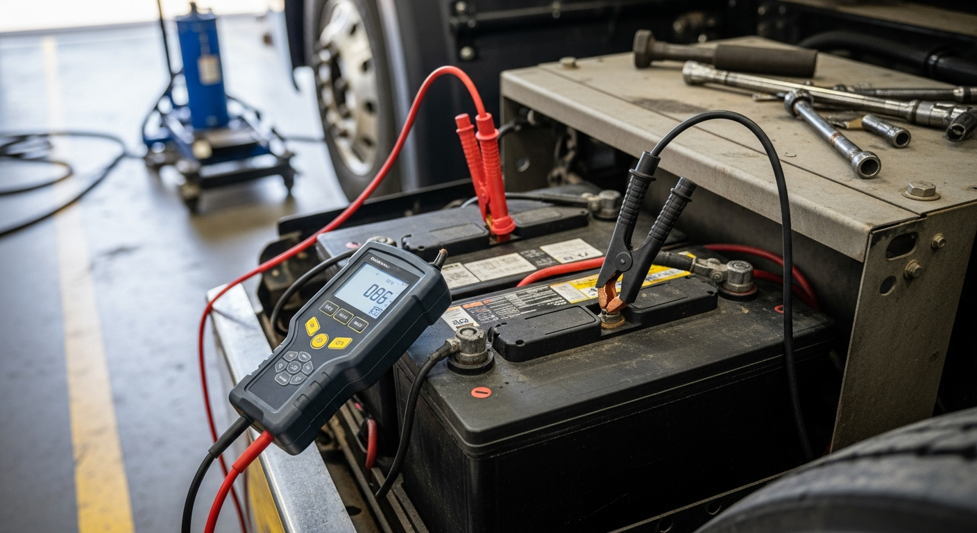 Heavy-duty truck in repair shop for battery load testing