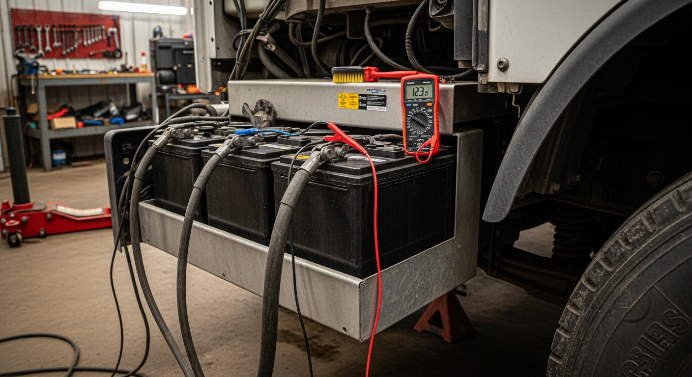 Heavy-duty truck in repair shop for battery maintenance check