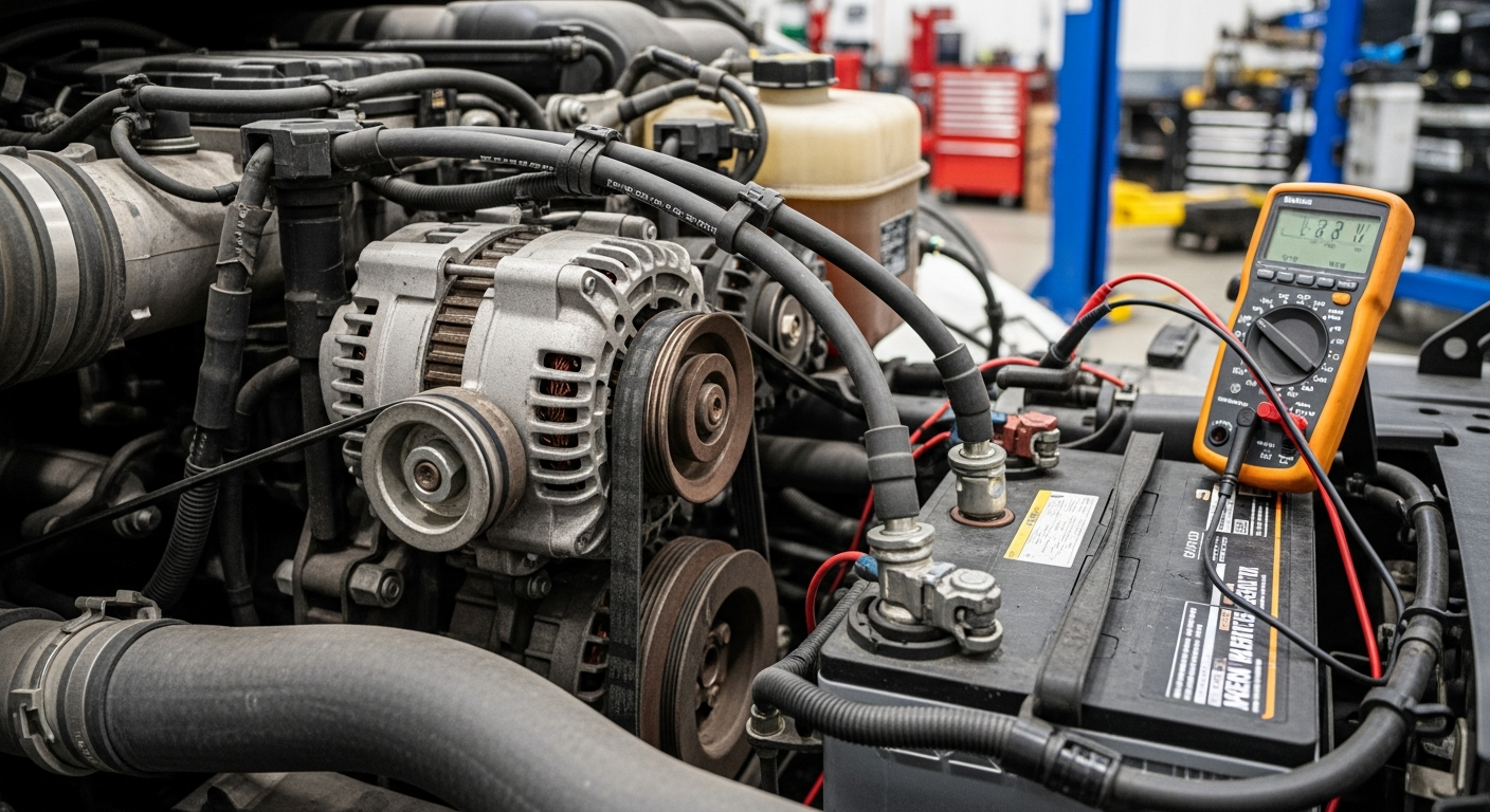 Heavy-duty truck in repair shop for charging system inspection