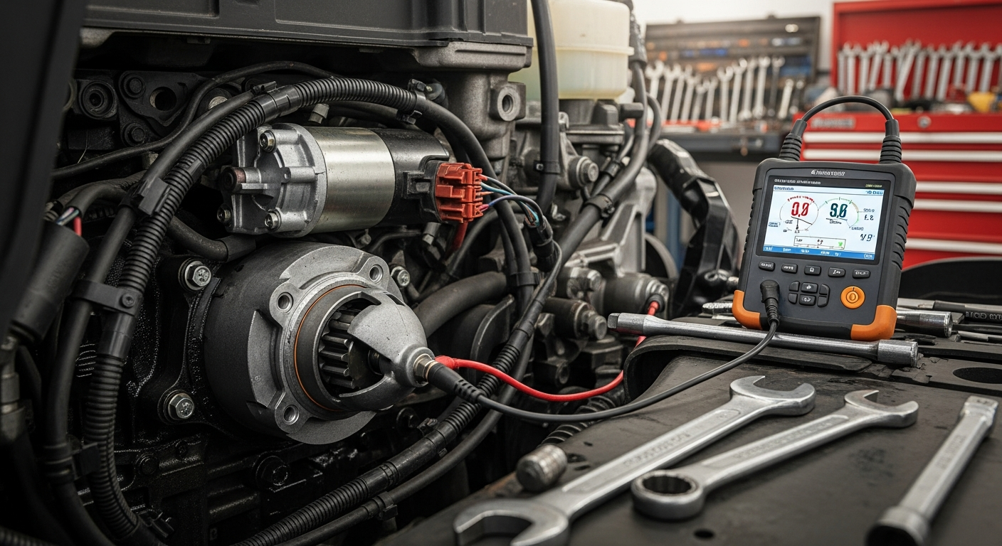 Heavy-duty truck in repair shop with open engine bay