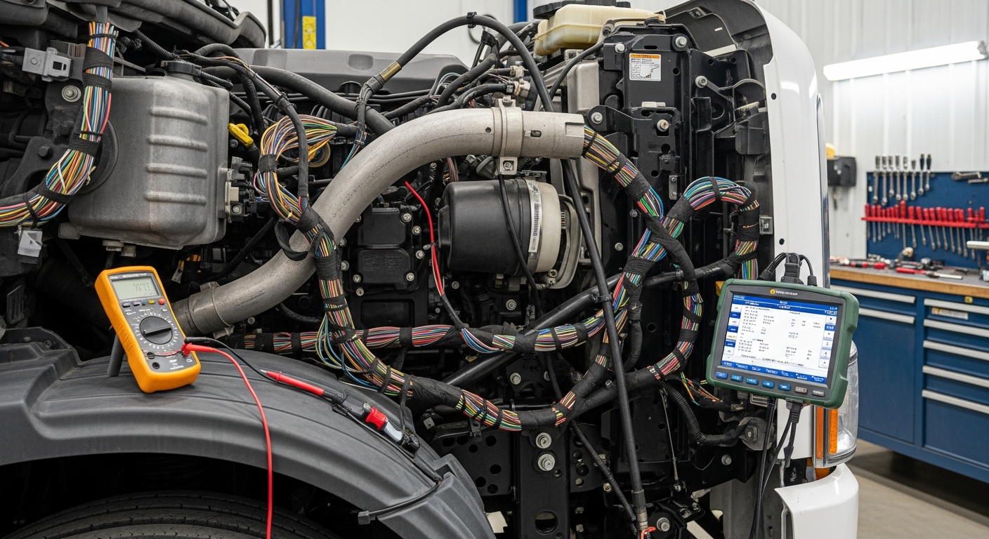 Heavy-duty truck in repair shop undergoing electrical diagnostics