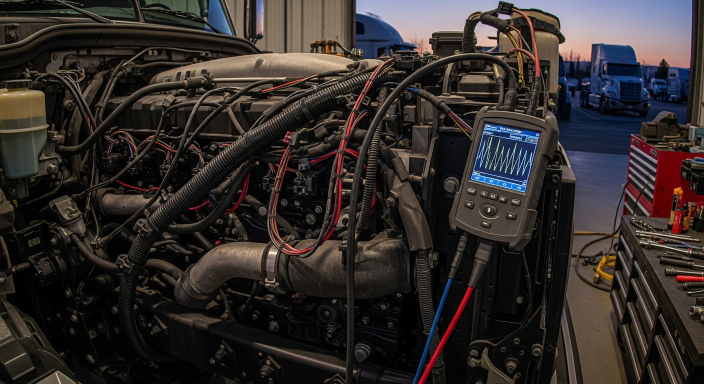 Heavy-duty truck in repair shop with electrical diagnostic tools