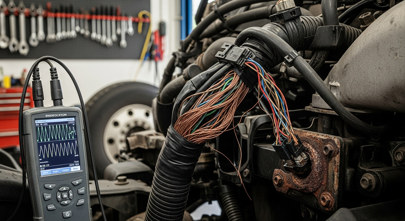 Heavy-duty truck in repair shop for electrical system diagnostics
