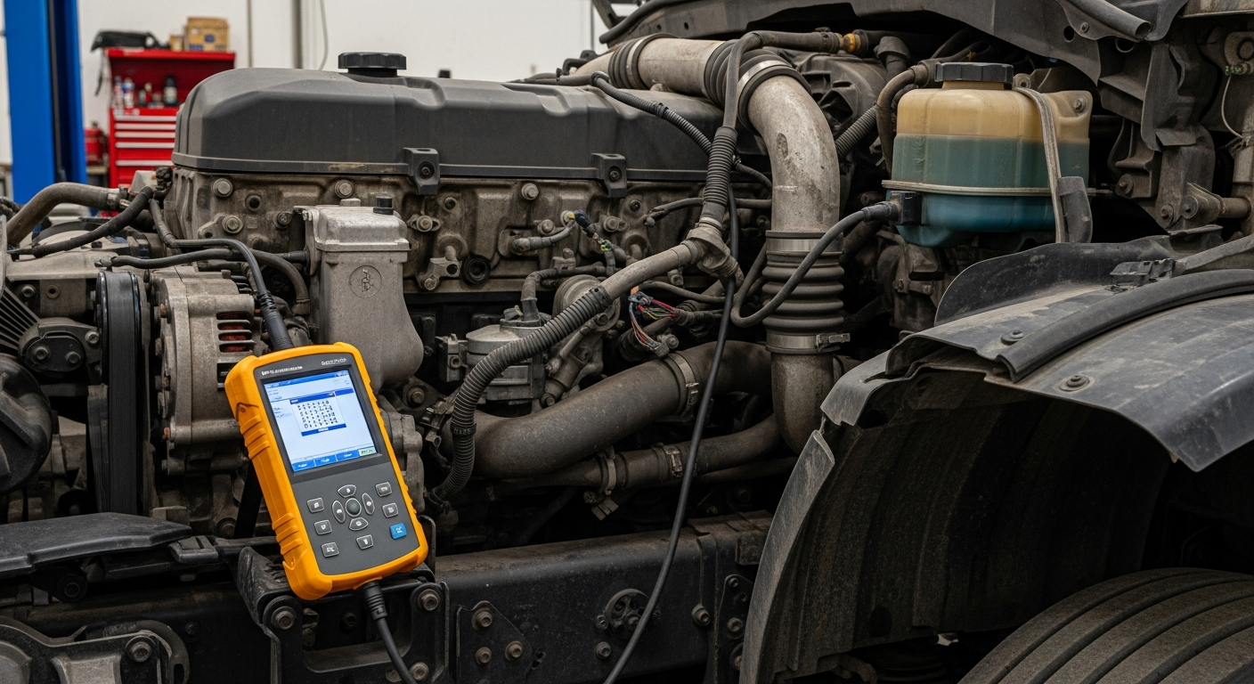 Heavy-duty truck in repair shop with diagnostic tools for fault code analysis