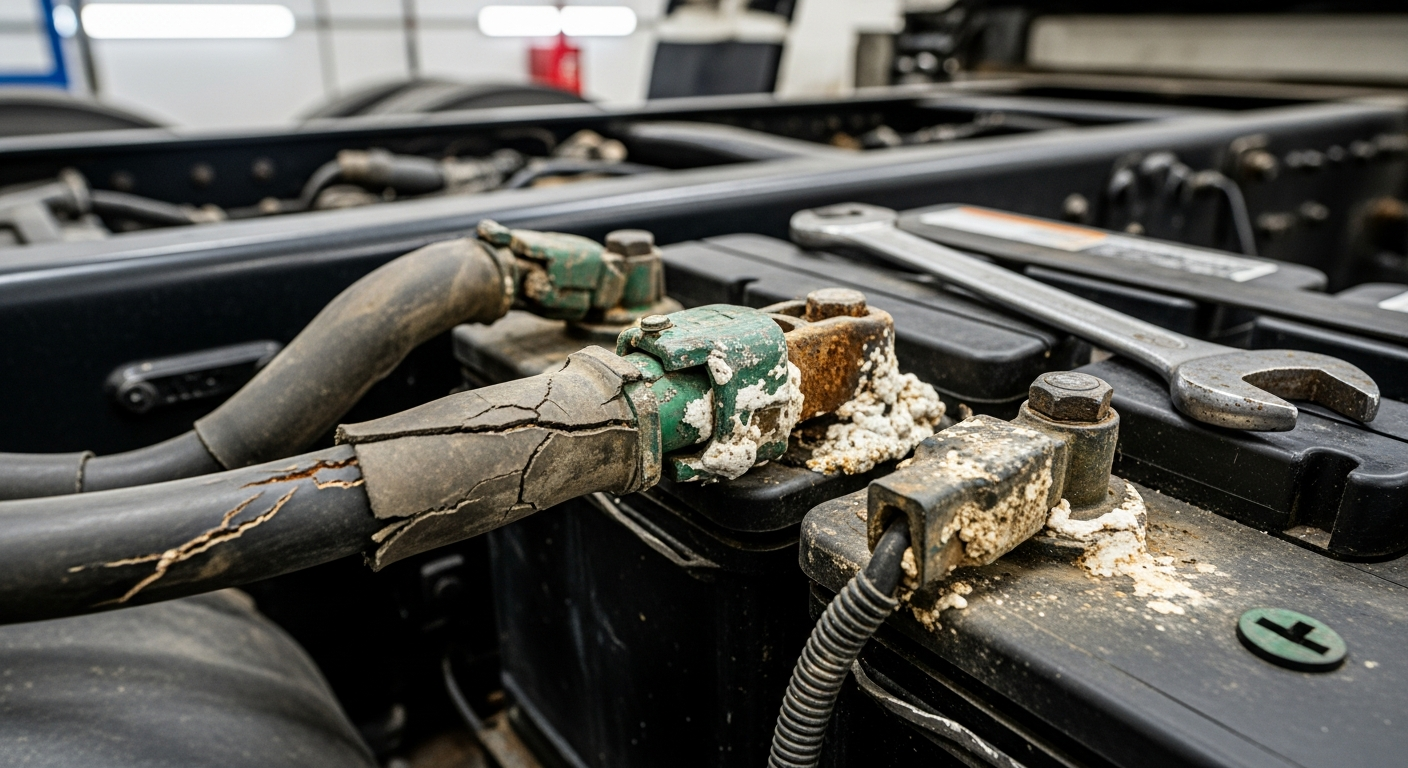 Heavy-duty truck in repair shop for no-start issue diagnosis