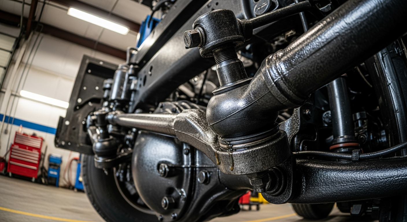 Heavy-duty truck in repair shop for steering system evaluation