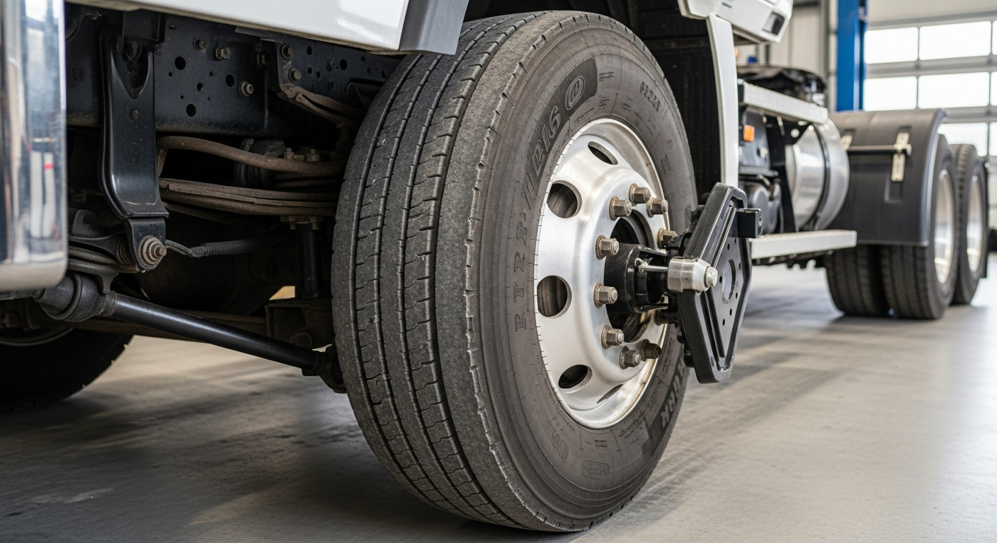 "Heavy-duty truck in repair bay for tire alignment service"