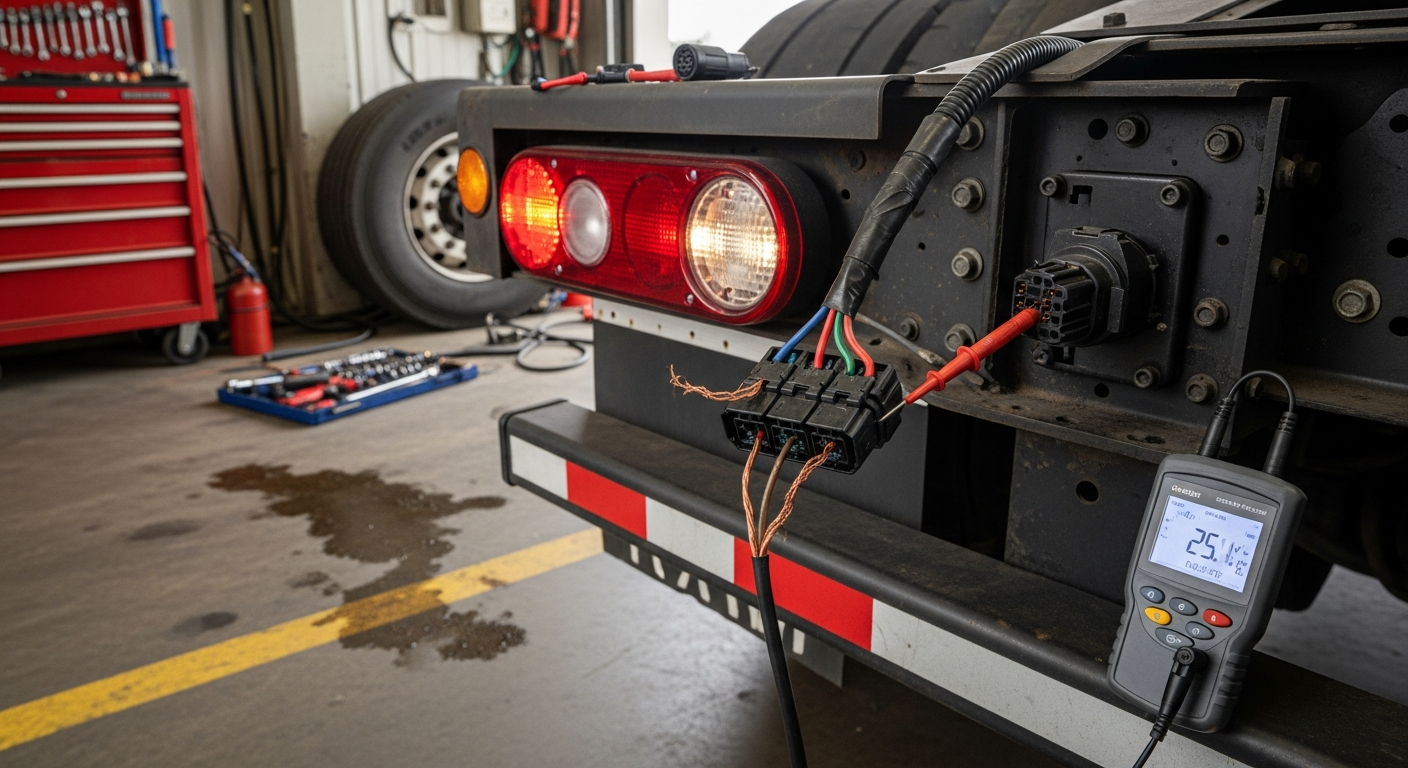 "Heavy-duty truck in repair shop for trailer light inspection"