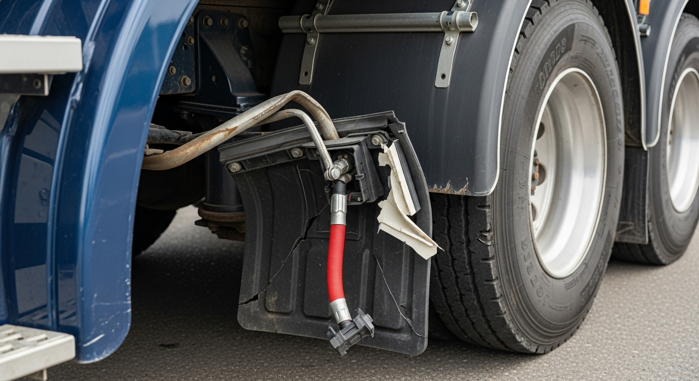Heavy-duty truck with collision damage on roadside awaiting repair