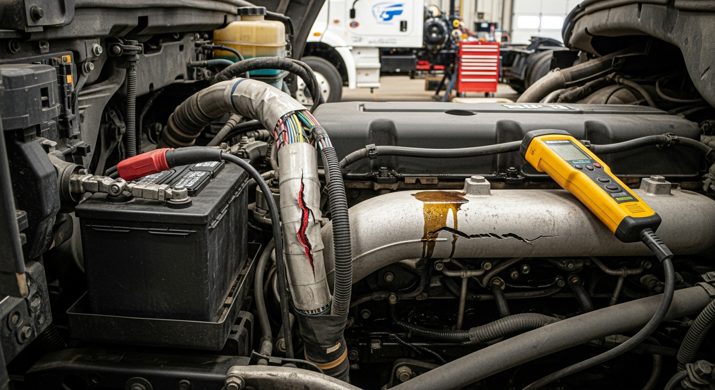 Heavy-duty truck in repair shop with electrical system focus