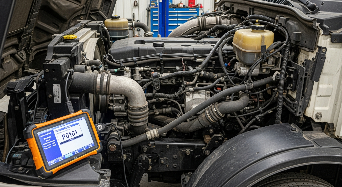 Heavy-duty truck in repair shop for professional fault code diagnosis