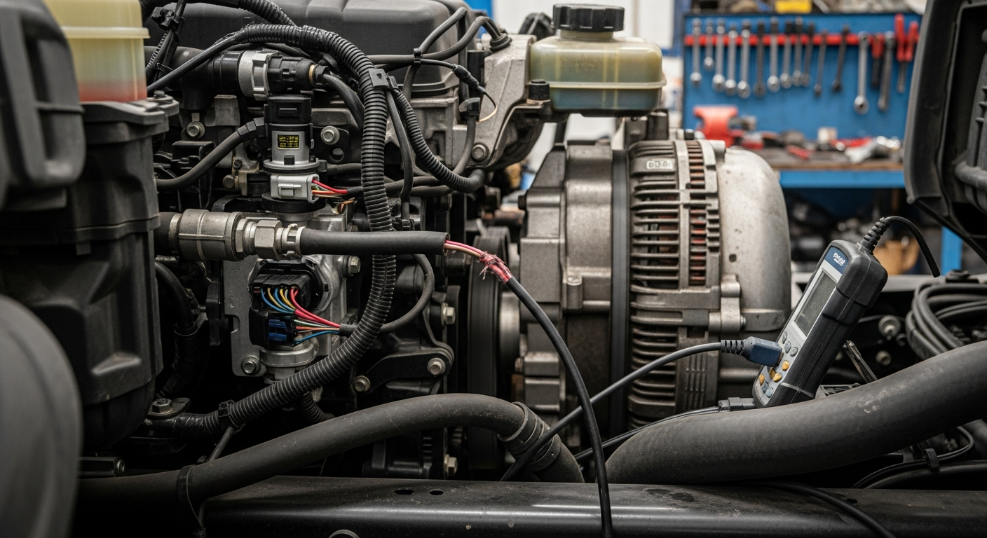 Heavy-duty truck in repair shop with diagnostic tools for warning light analysis