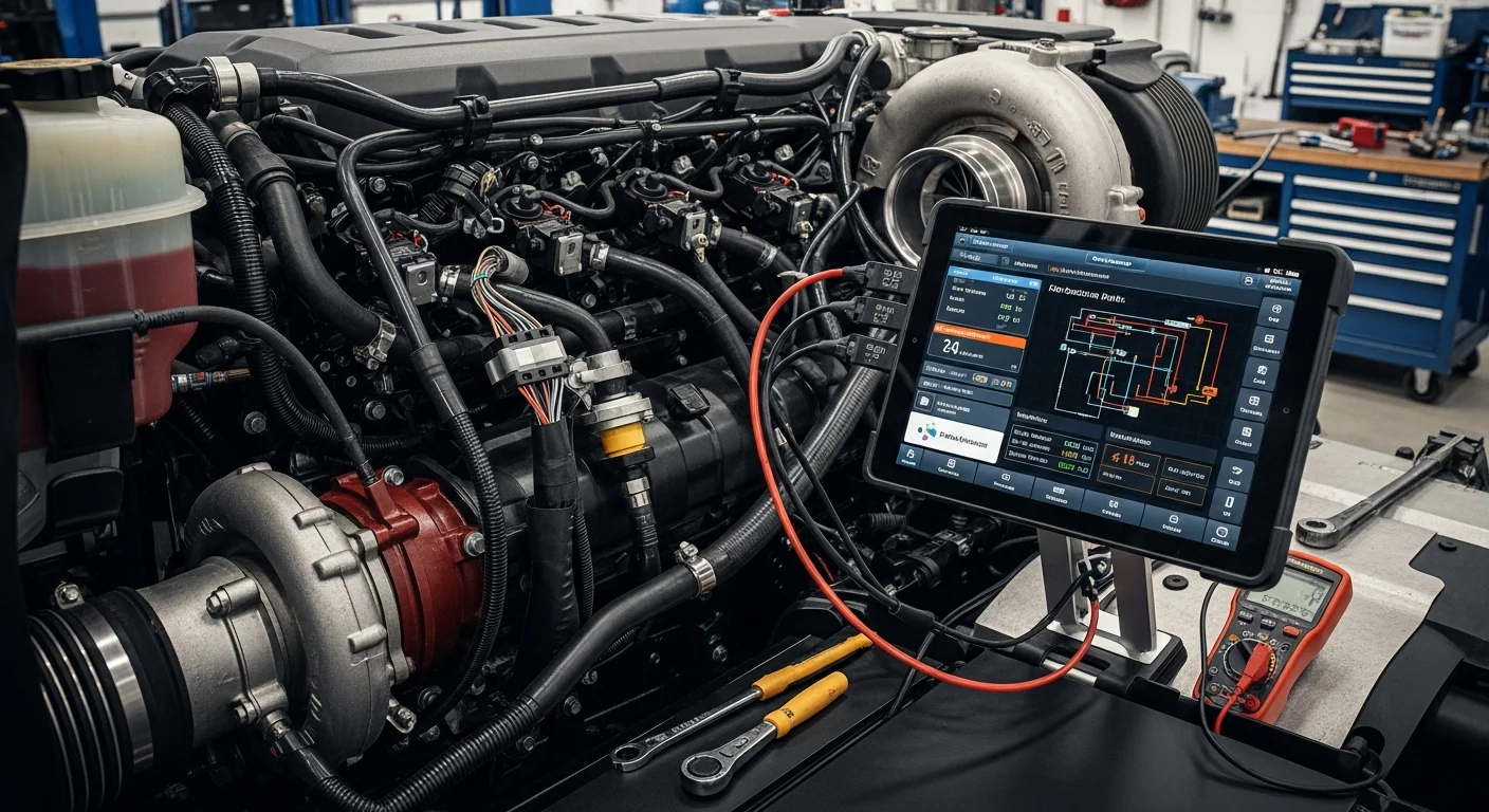Heavy-duty truck in repair shop with diagnostic tools for fleet maintenance
