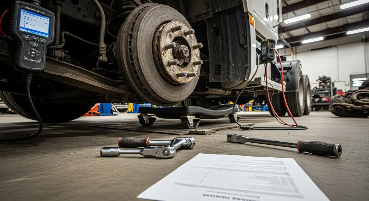Heavy-duty truck in repair shop for collision damage assessment