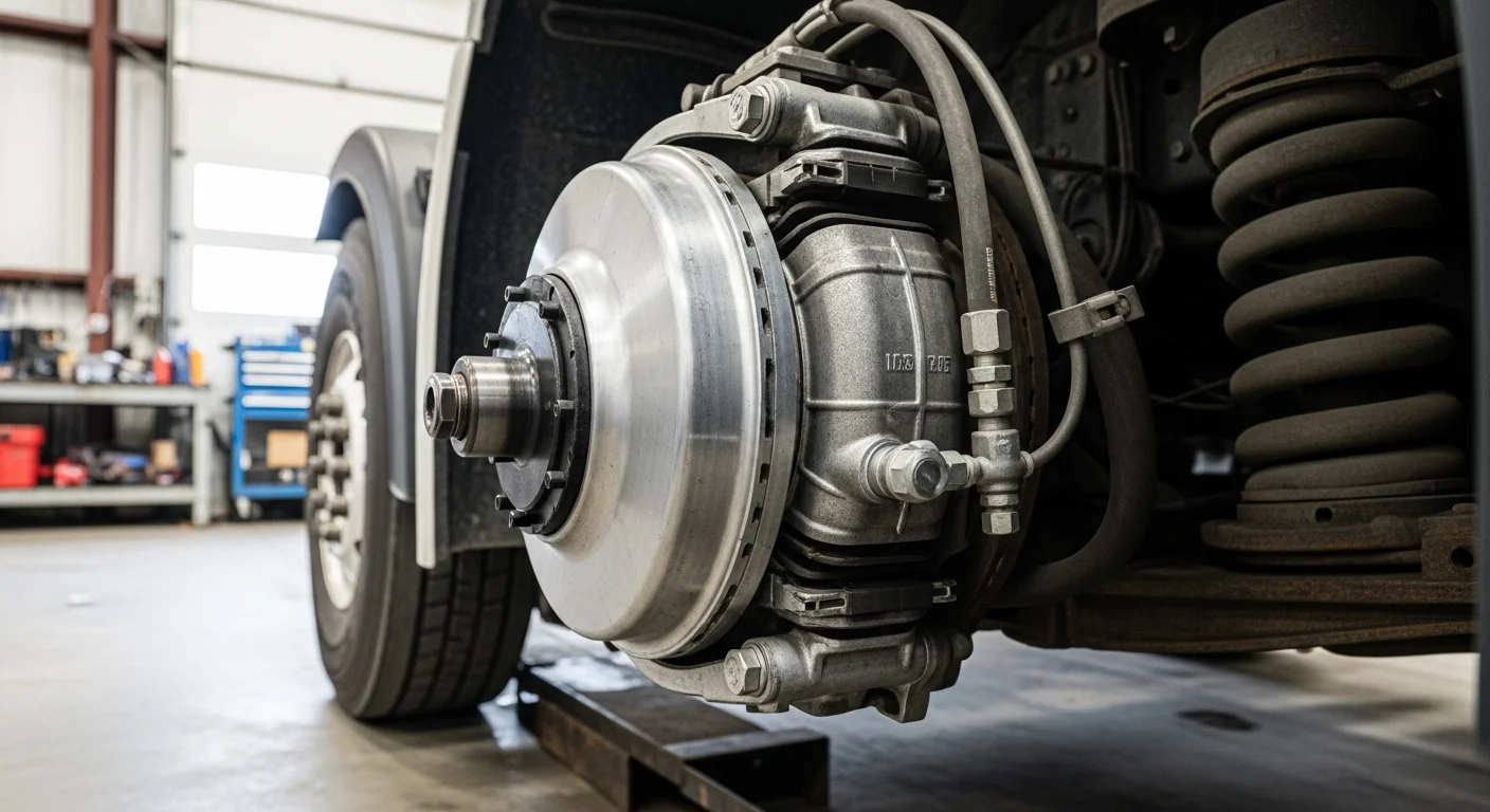 Heavy-duty truck in repair shop for DOT brake inspection readiness
