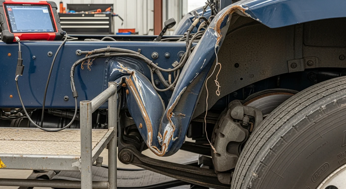 Heavy-duty truck in repair shop after collision for compliance check
