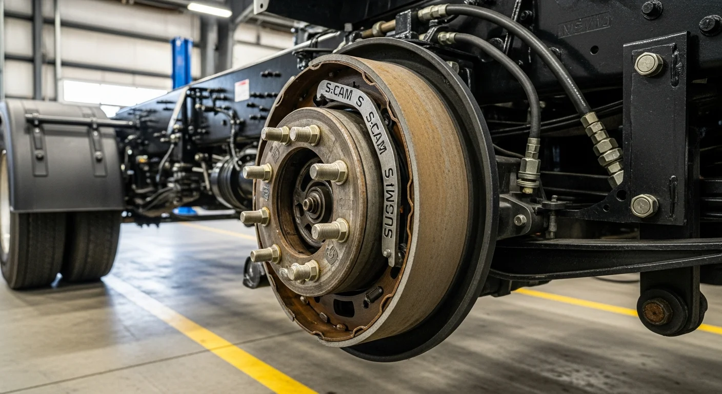 Heavy-duty trucks lined up in repair shop for brake inspection