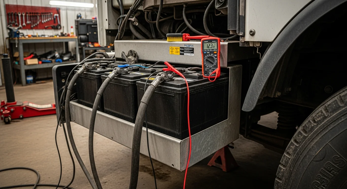 Heavy-duty truck in repair shop for battery maintenance check