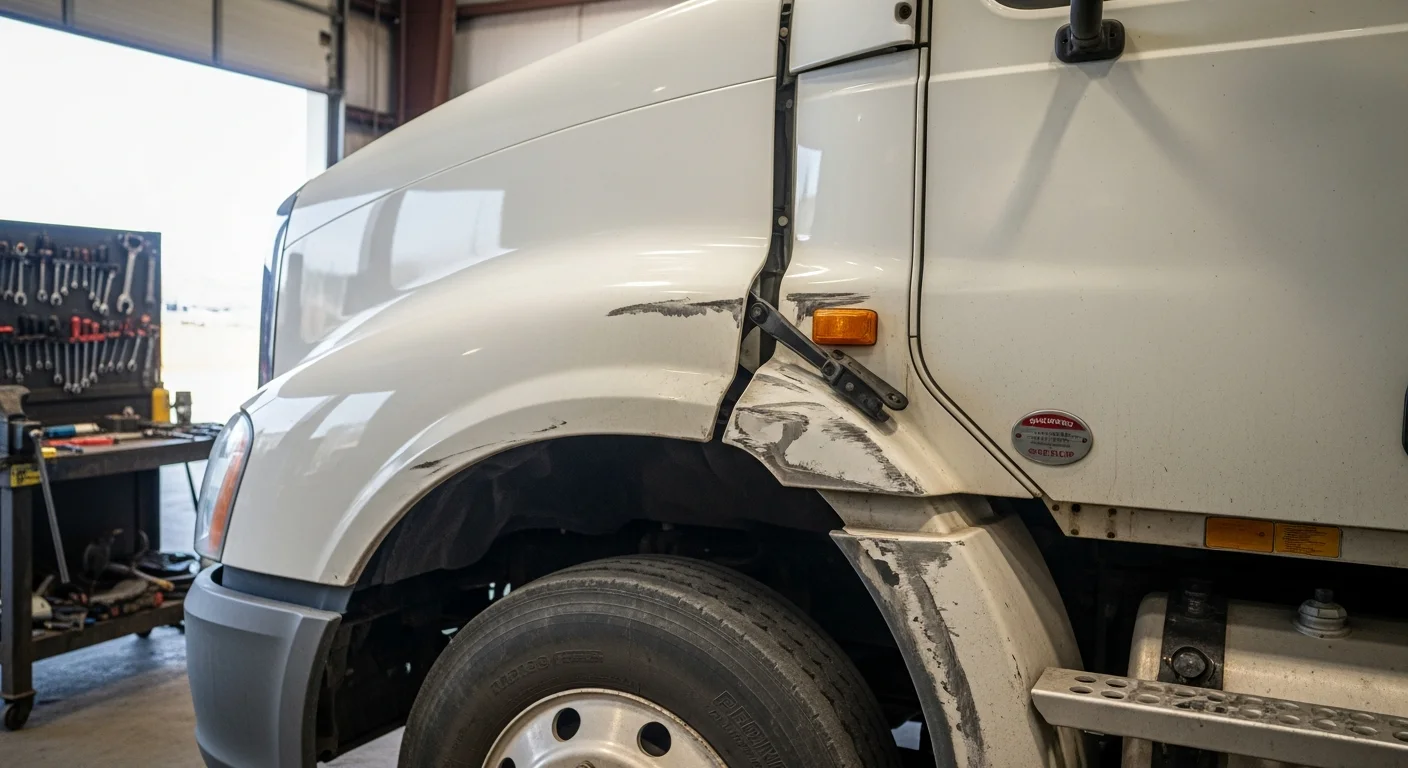 Heavy-duty truck in repair shop with visible body damage