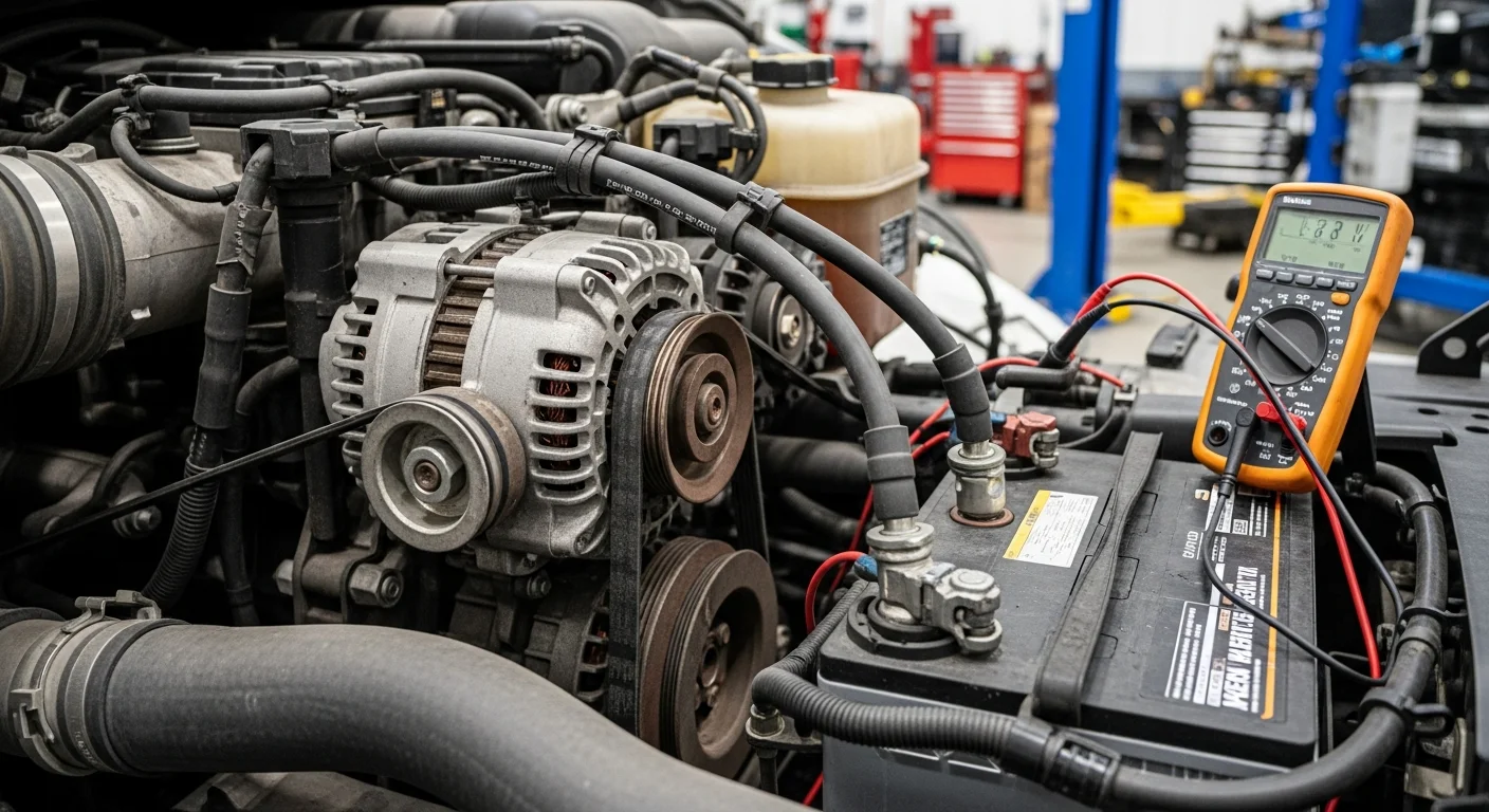 Heavy-duty truck in repair shop for charging system inspection