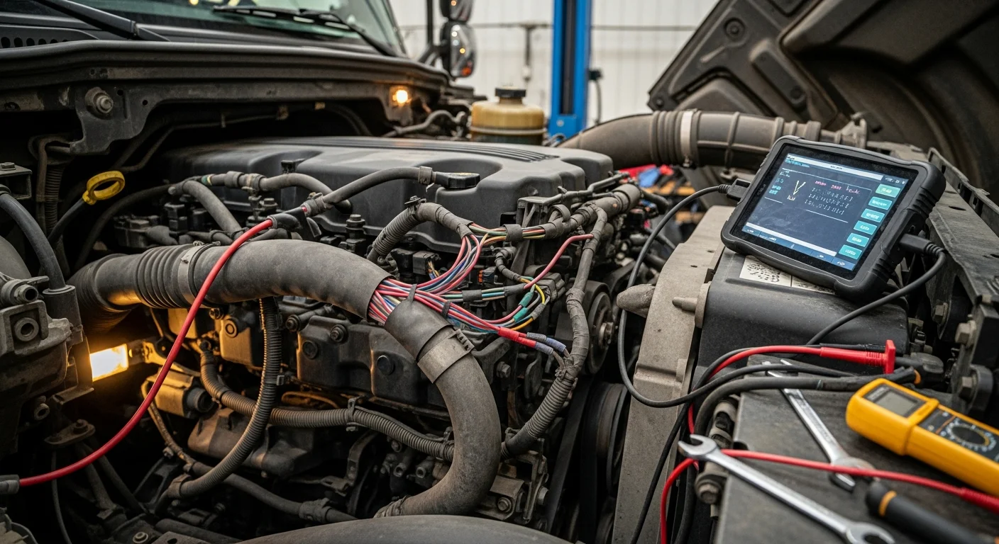Heavy-duty truck in repair shop with diagnostic tools for electrical inspection