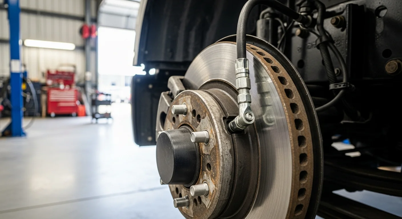 Heavy-duty truck in repair shop for hydraulic brake inspection