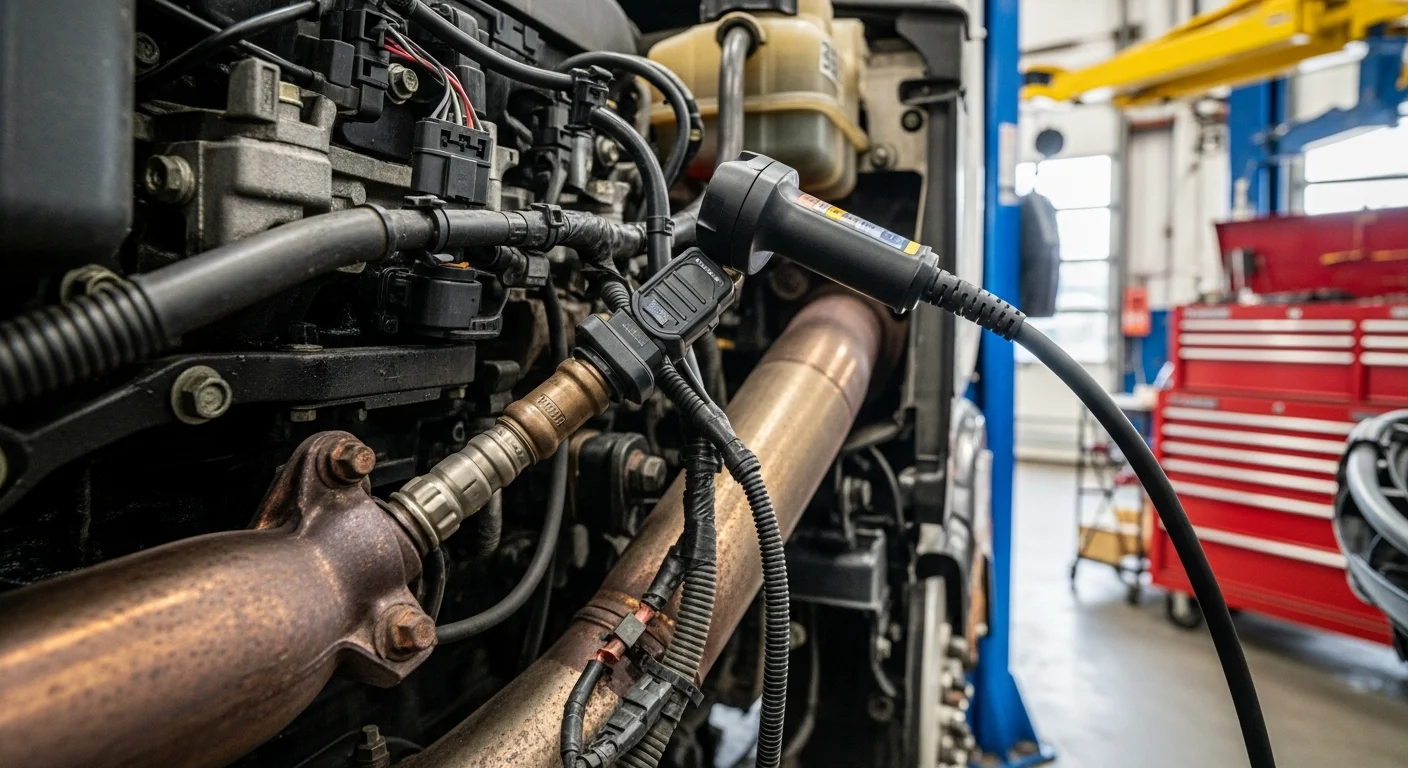Heavy-duty truck in repair shop with diagnostic tools for sensor analysis