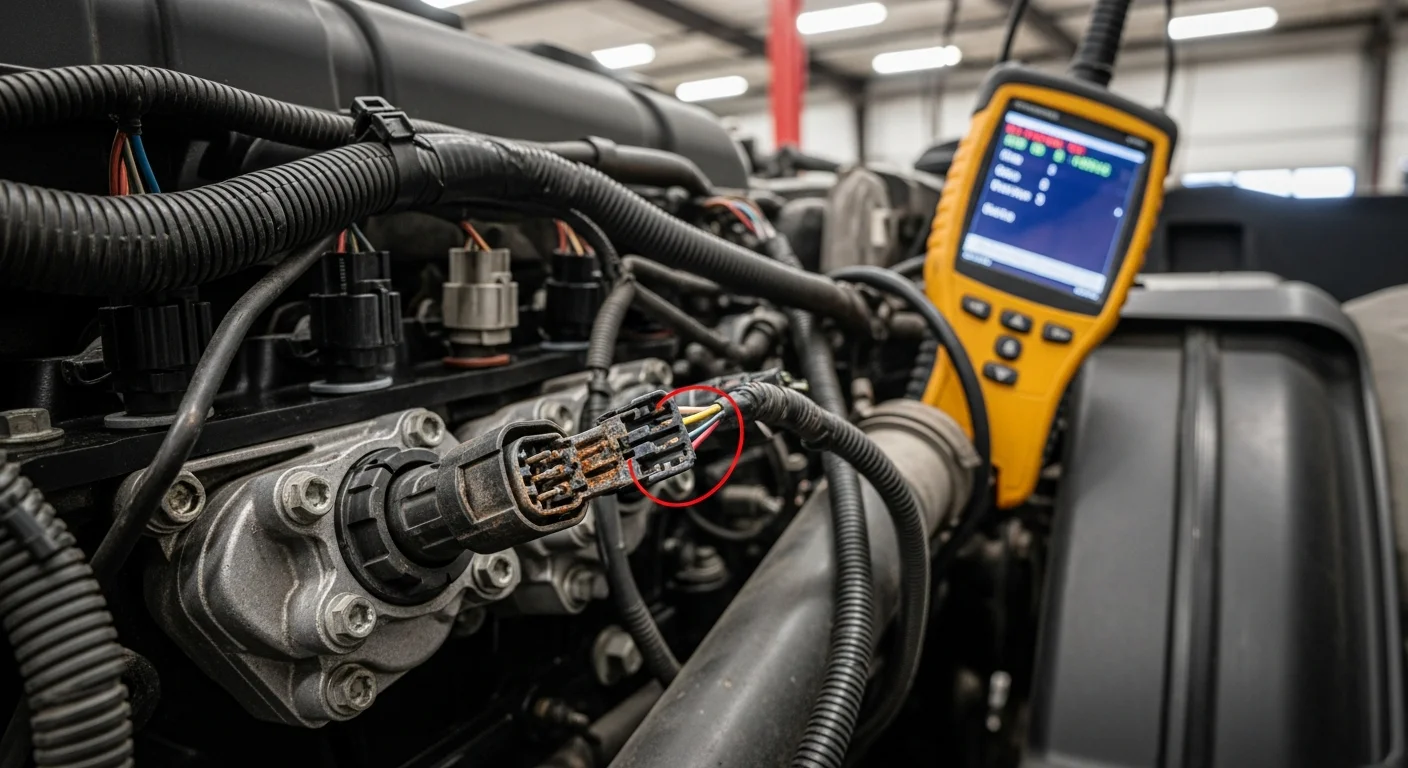 Heavy-duty truck in repair shop with diagnostic tools and sensors