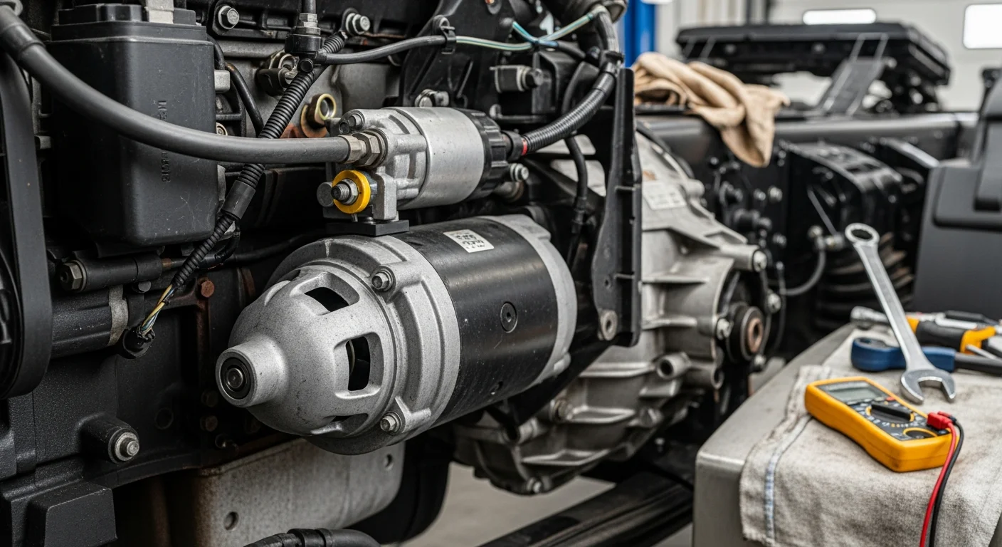 Heavy-duty truck in repair shop for starter inspection