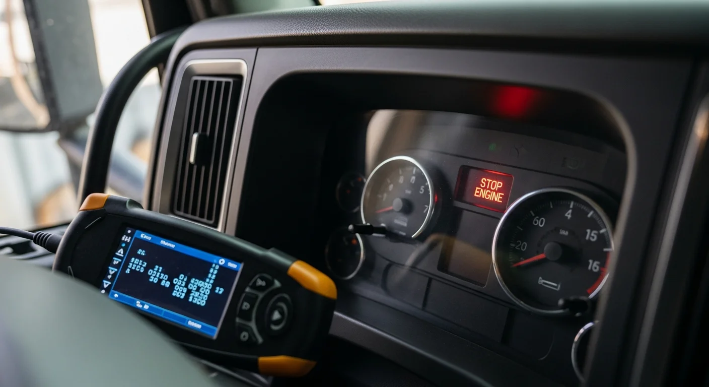 Heavy-duty truck in repair shop with diagnostic tools for warning light analysis