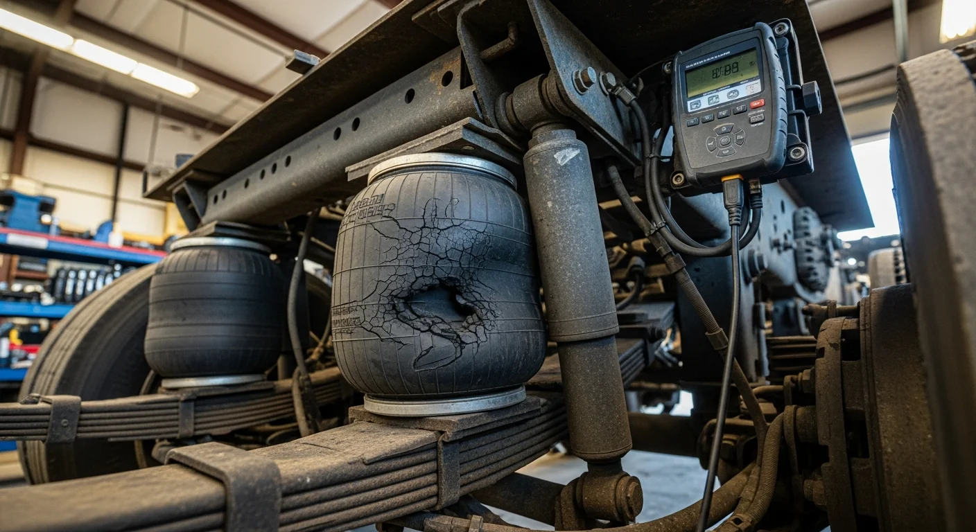 Heavy-duty truck trailer in repair shop for suspension check