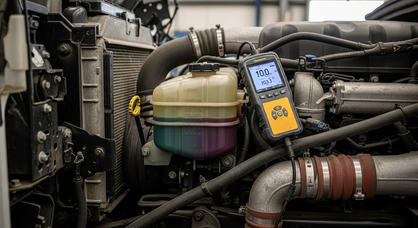 Heavy-duty truck in repair shop with open engine bay for overheating inspection
